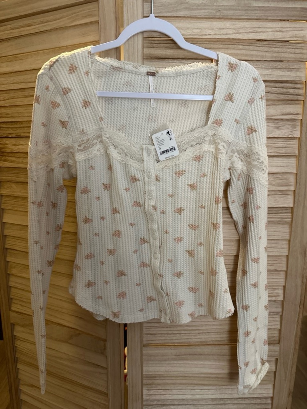 Free People Floral Lace-Trim Ivory Long-Sleeve Knit Top